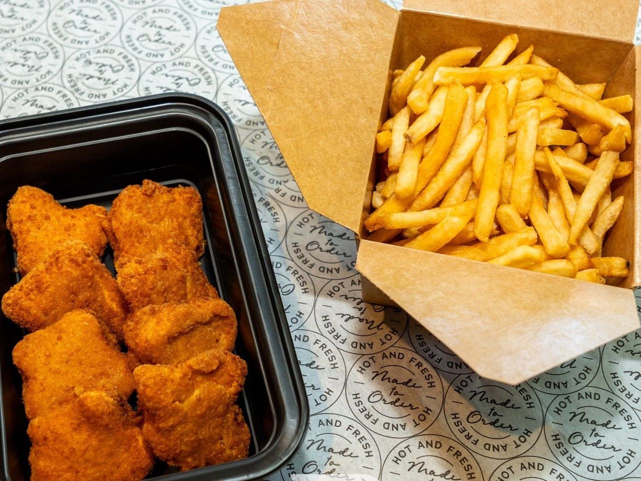 Vegan Nuggets (5 Pcs.) with French Fries.