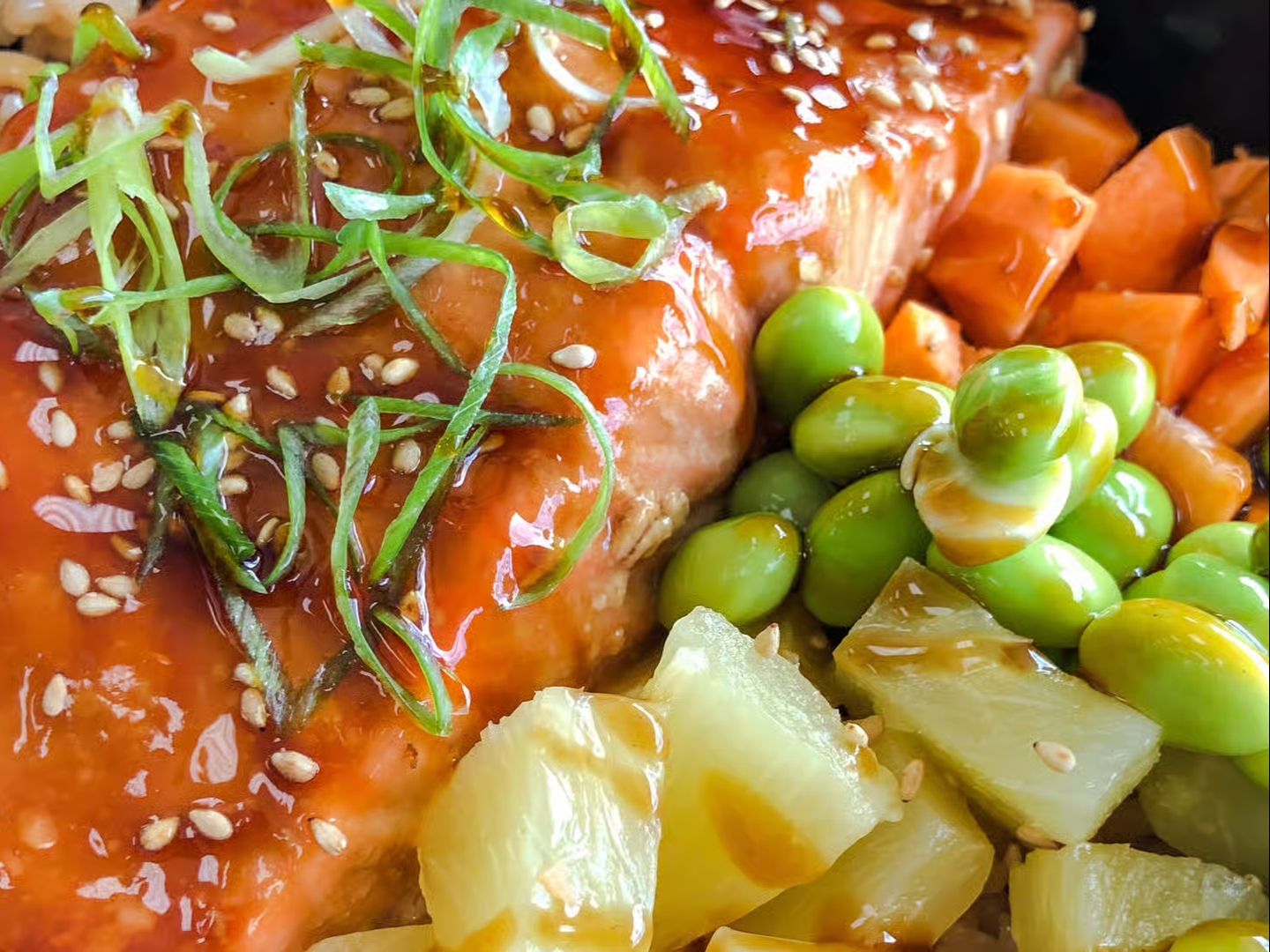 Salmon Teriyaki Over Fried Rice.