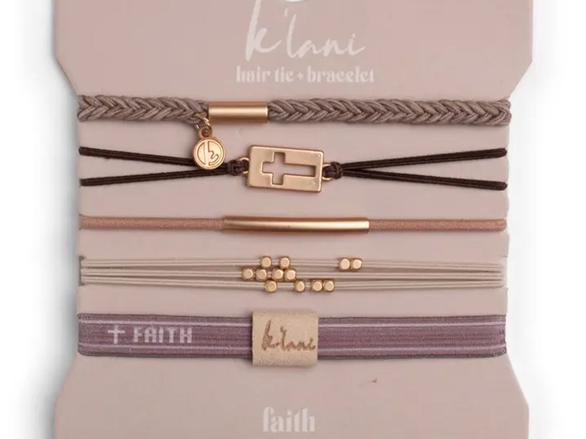 "Faith" Warm Neutrals with Gold Cross Hair Tie Bracelets.
