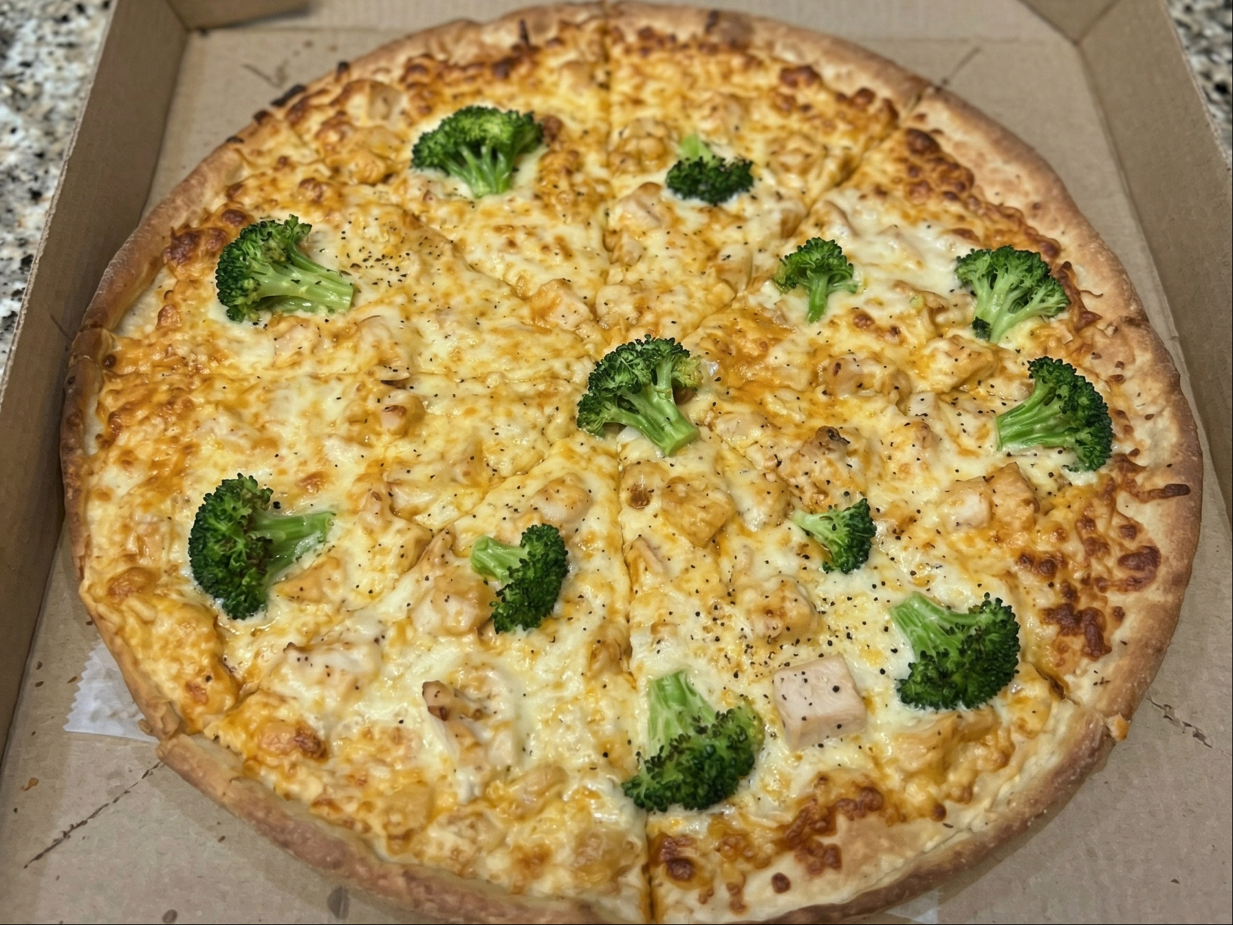 Chicken Broccoli Pan Pizza.