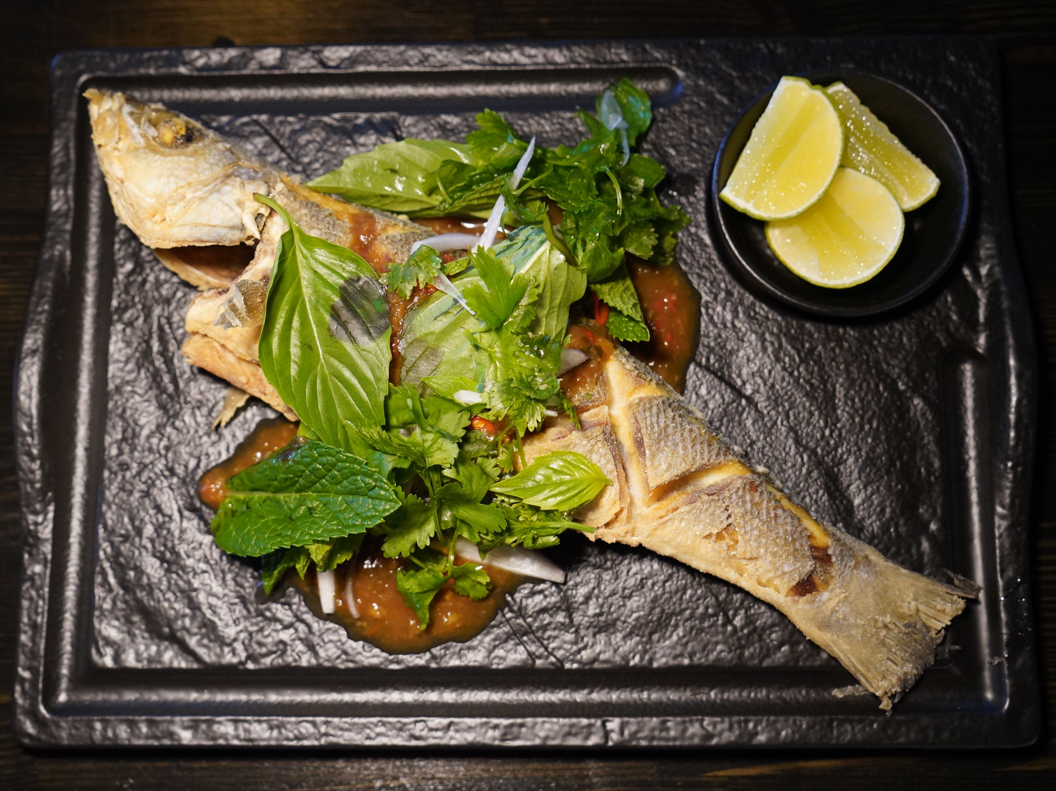 WHOLE FRIED BRANZINO FISH.