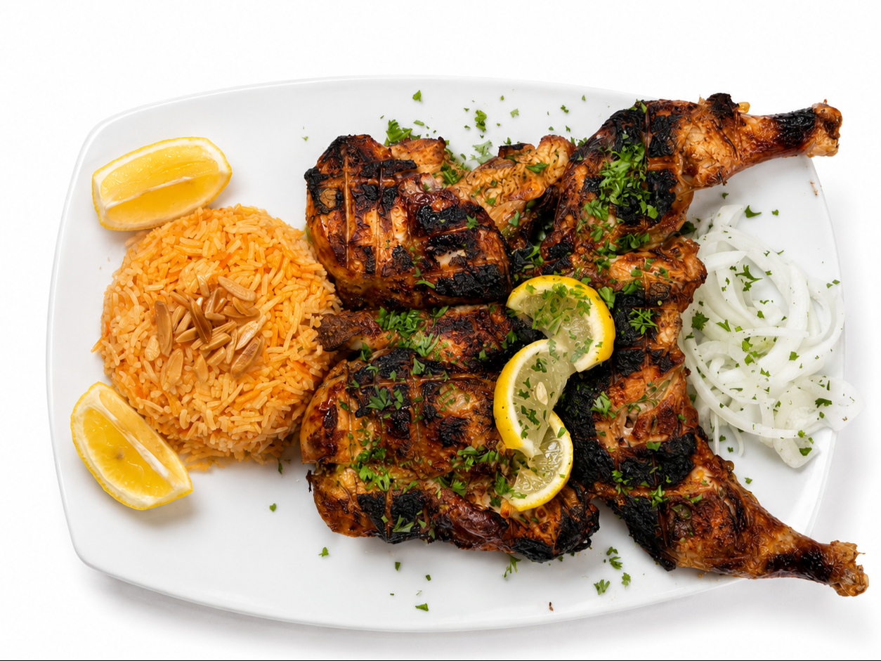 Whole Char Grilled Chicken Over Rice.