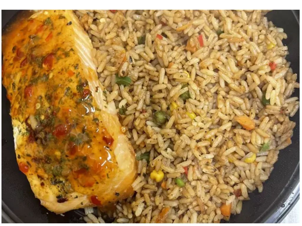 Jerk Salmon Dinner Rice & Beans & Cabbage