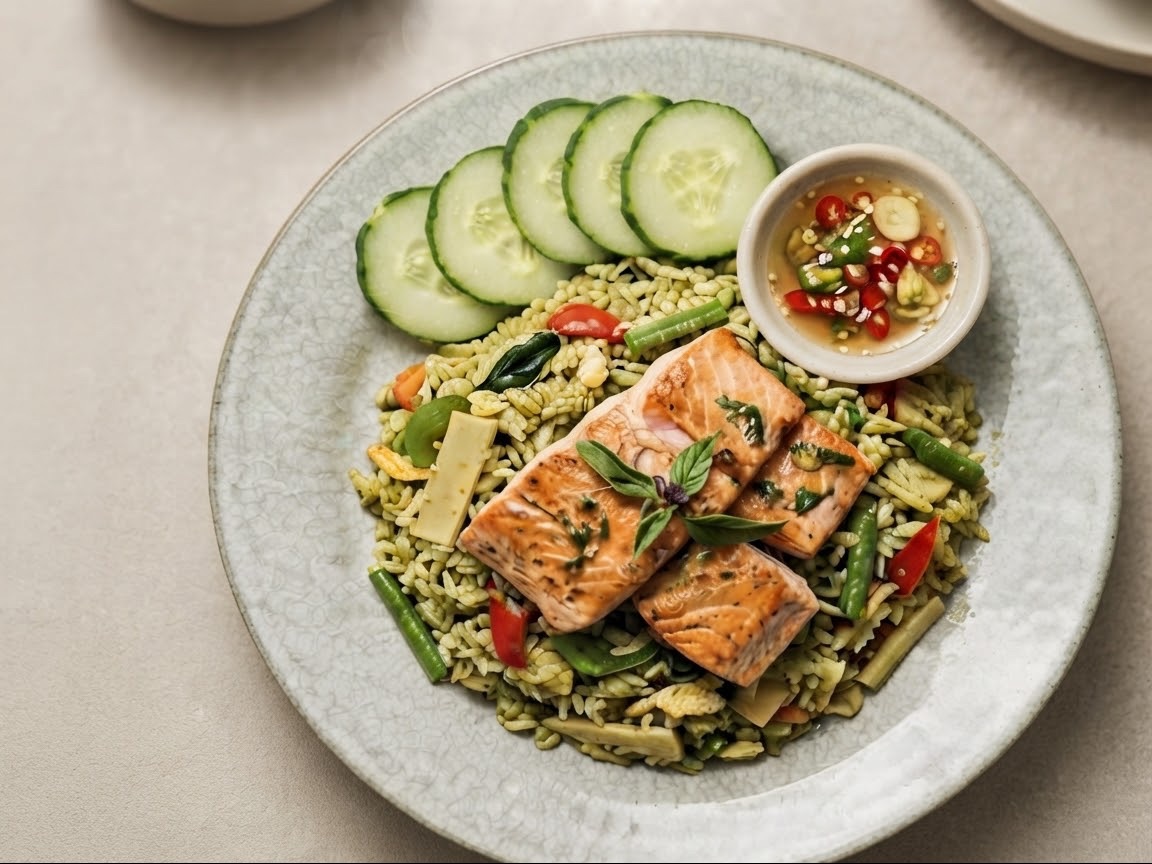 Salmon Green Curry Fried Rice.