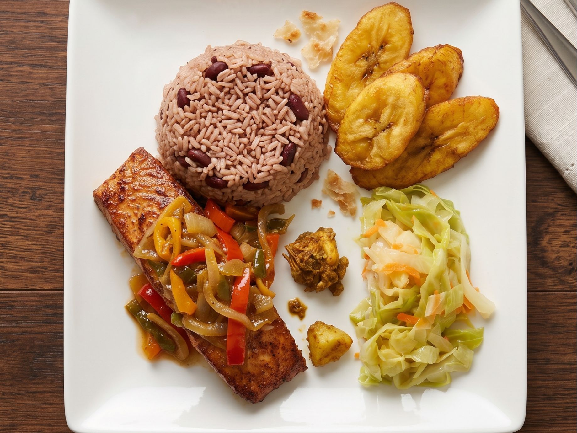 Fry  Salmon, Rice And Peas And Cabbage.
