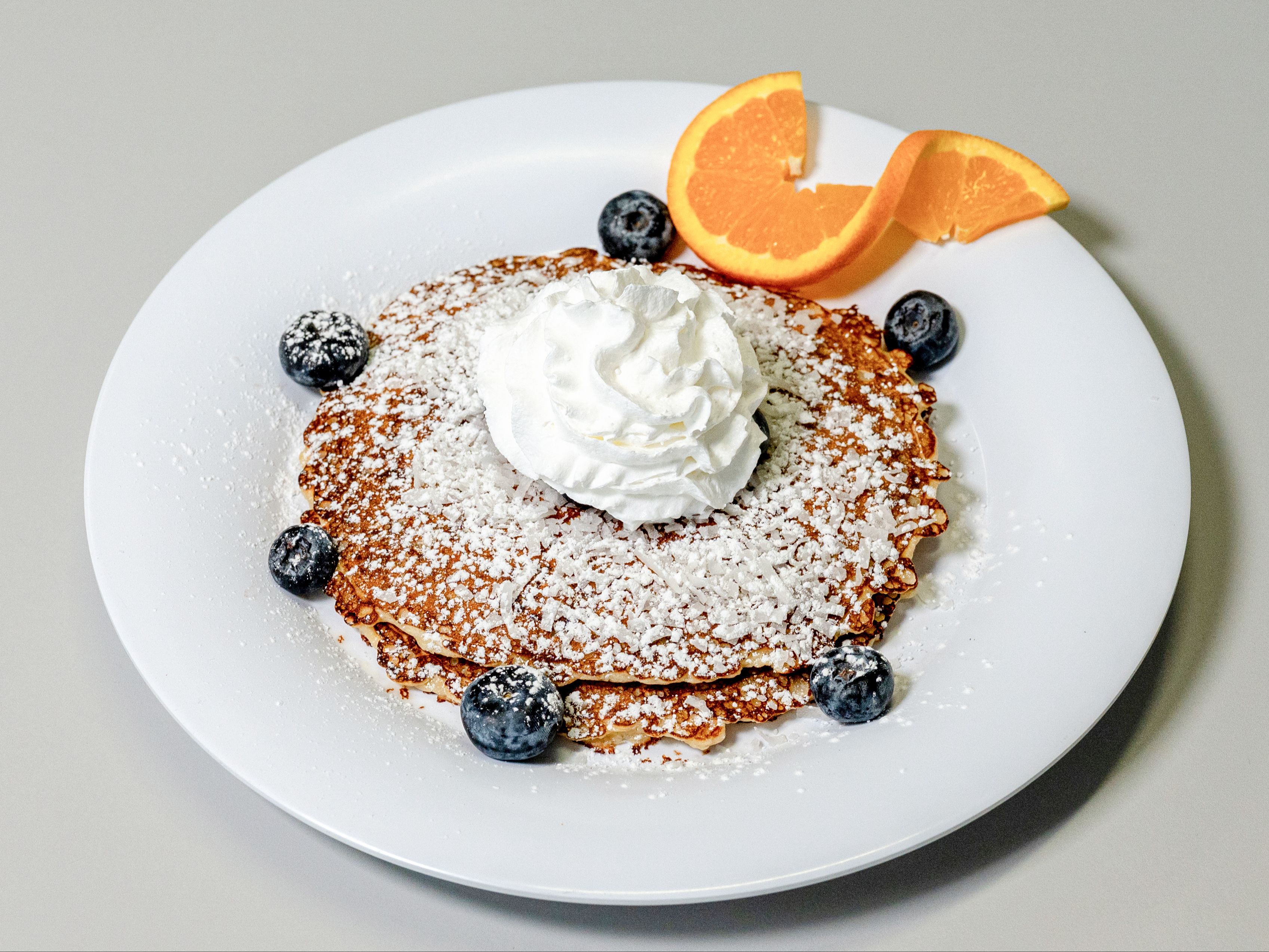 Oatmeal Blueberry Coconut Pancakes.