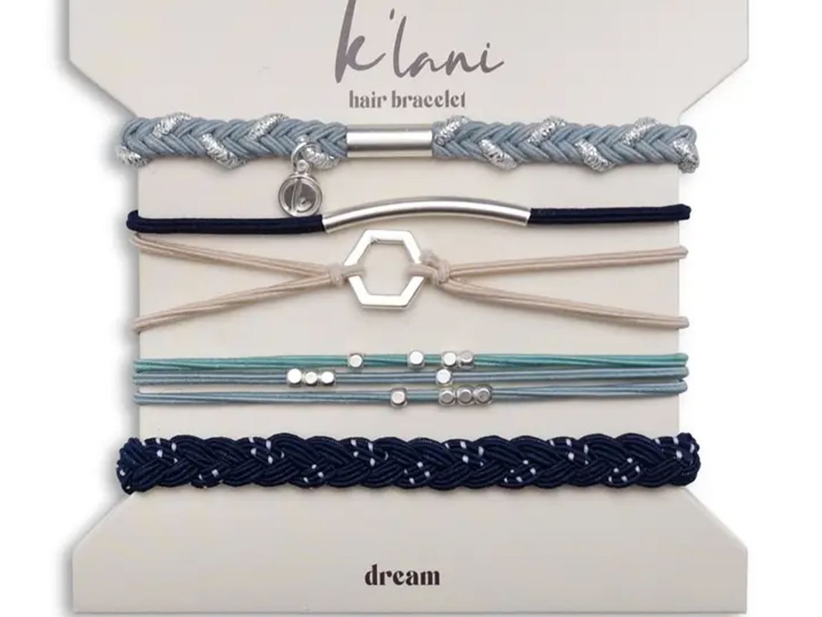 "Dream" Silver Hexagon Charm Blue Hair Tie Bracelets.