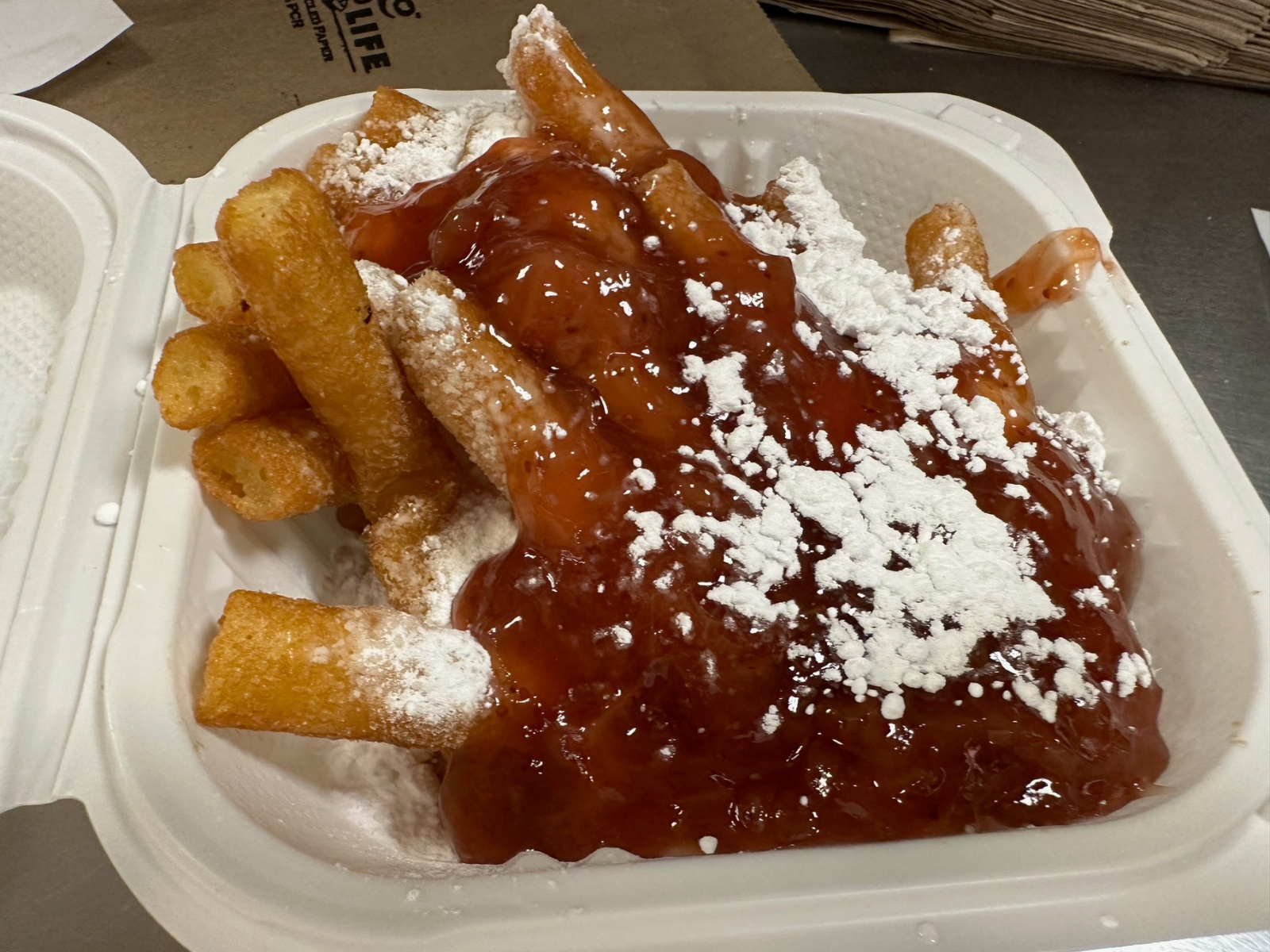 Funnel Fries With Strawberry Topping.