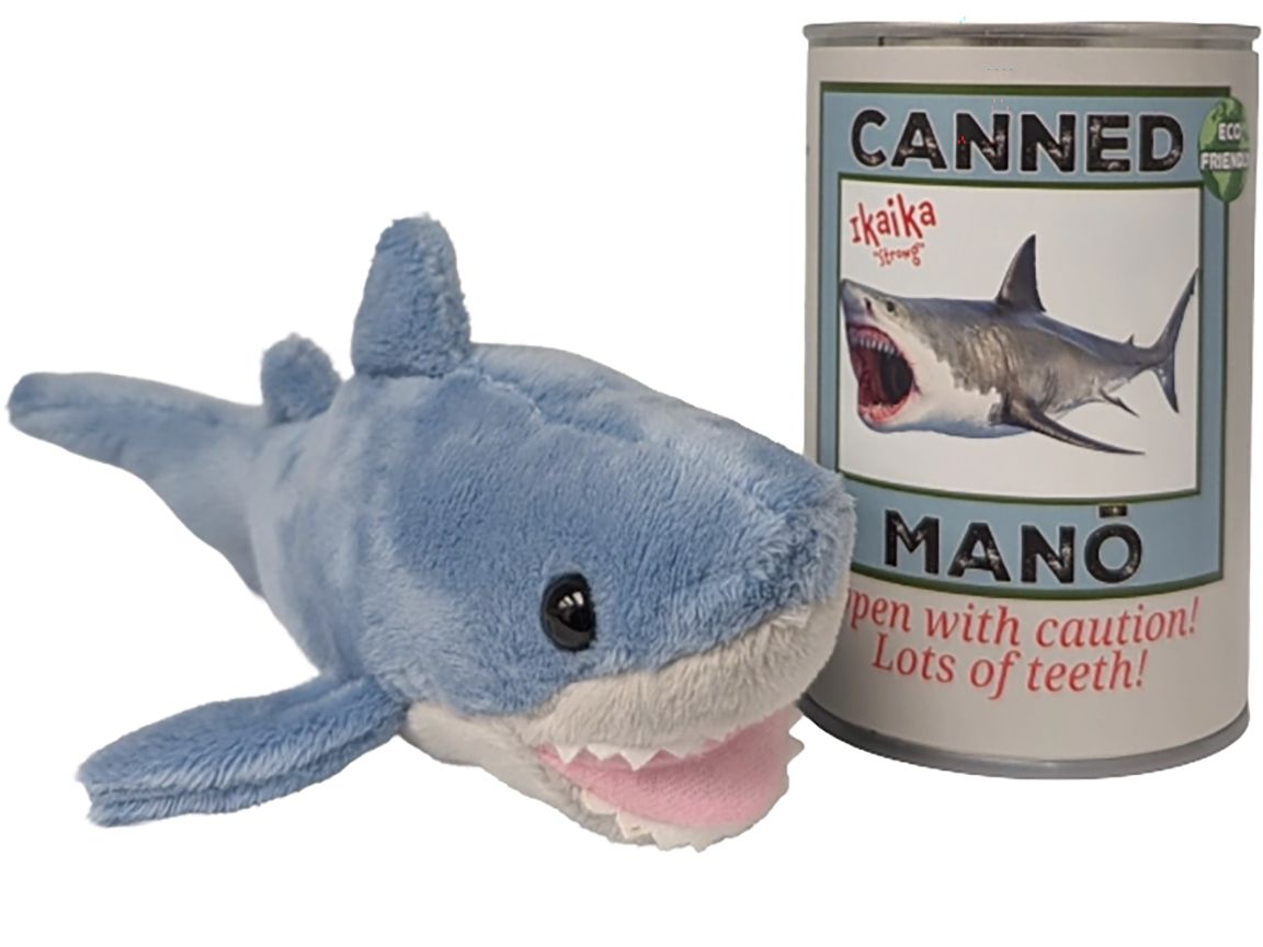 Hawaiian Canned Mano | Stuffed Shark Plush w/Jokes Foil Lid.