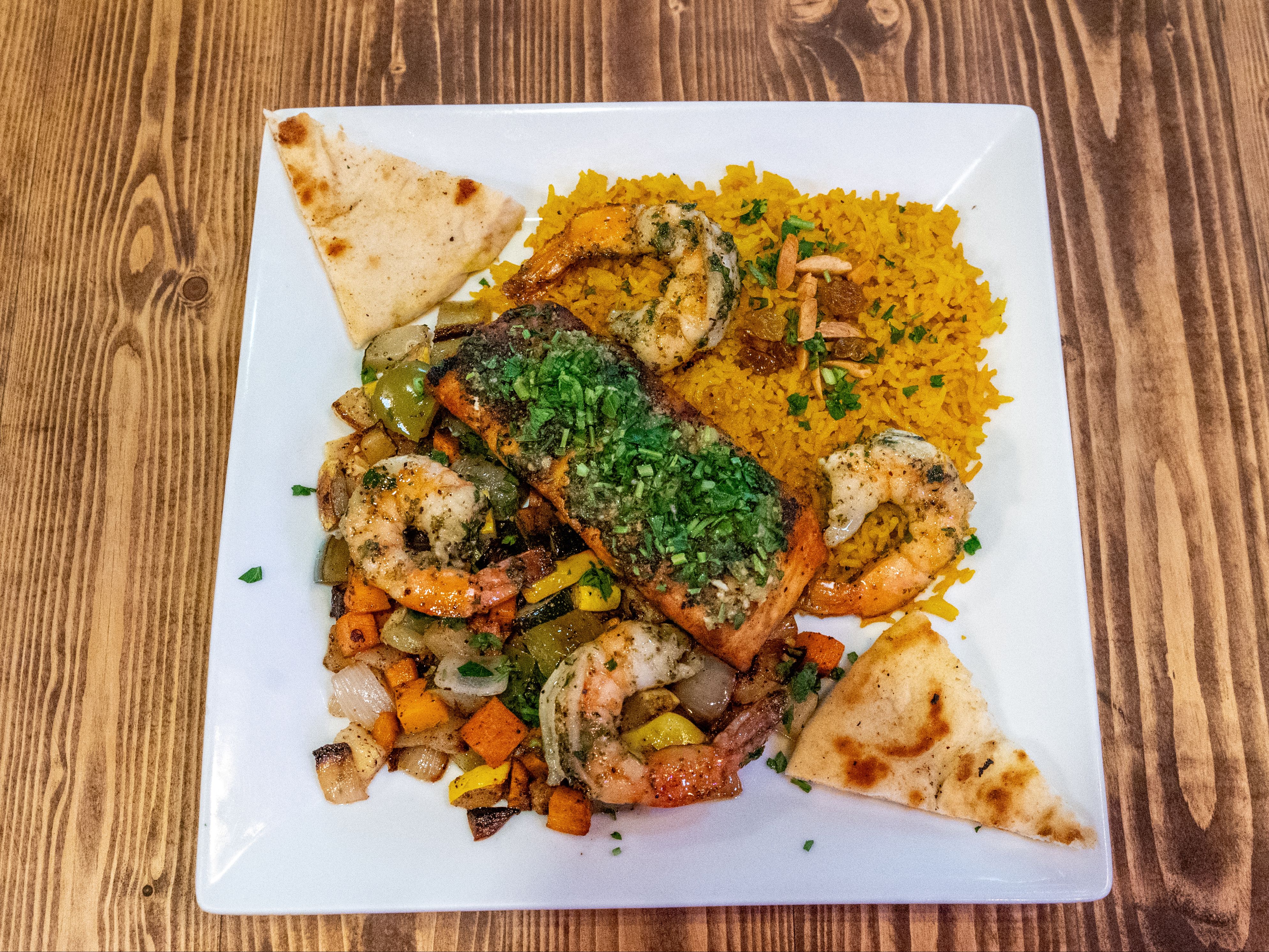Salmon With Shrimp With Choice Of Your 2 Sides.