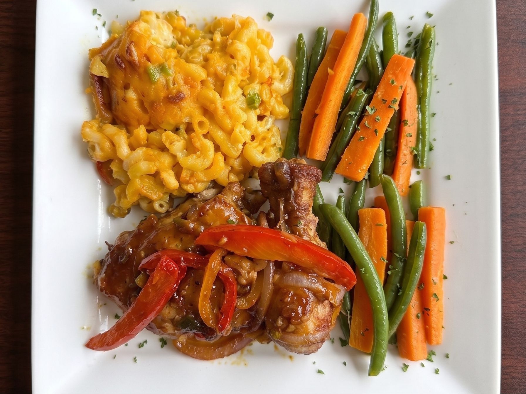 Barbecue Chicken, Mac and Cheese and Green Beans.
