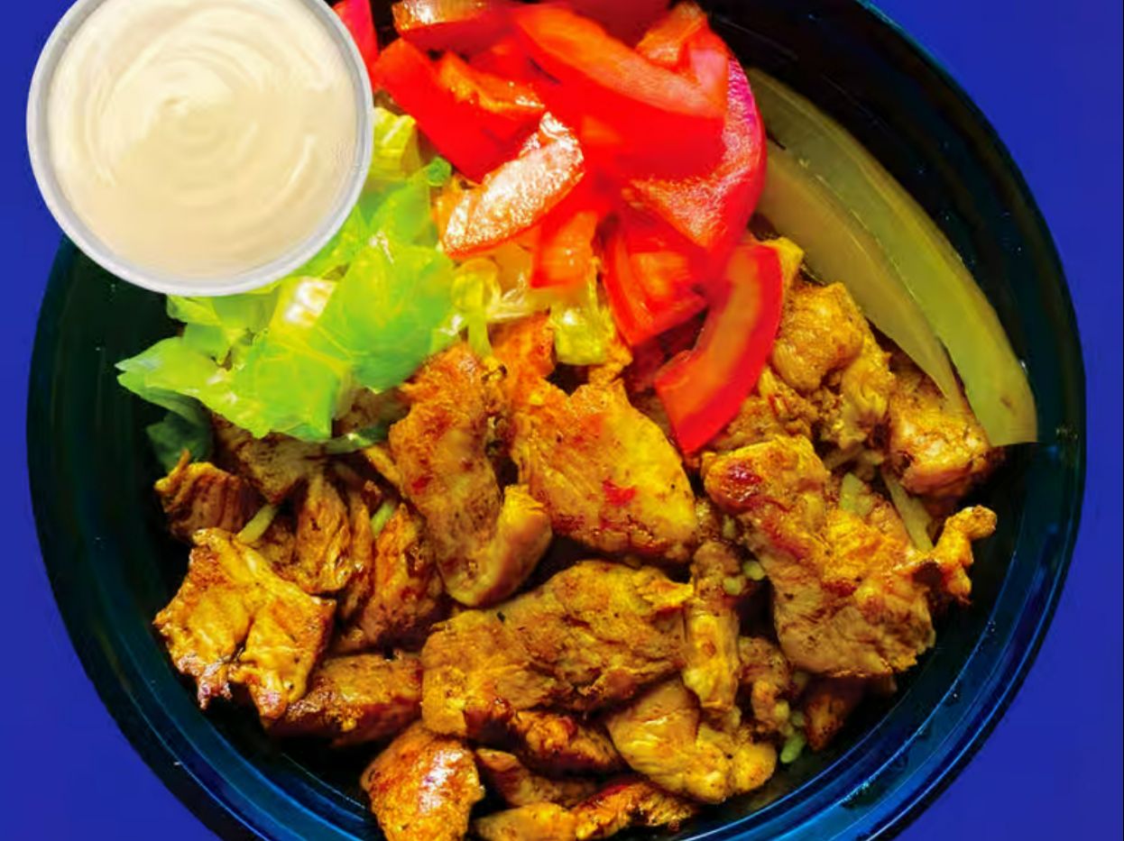 Chicken Shawarma Rice Bowl & Garlic.
