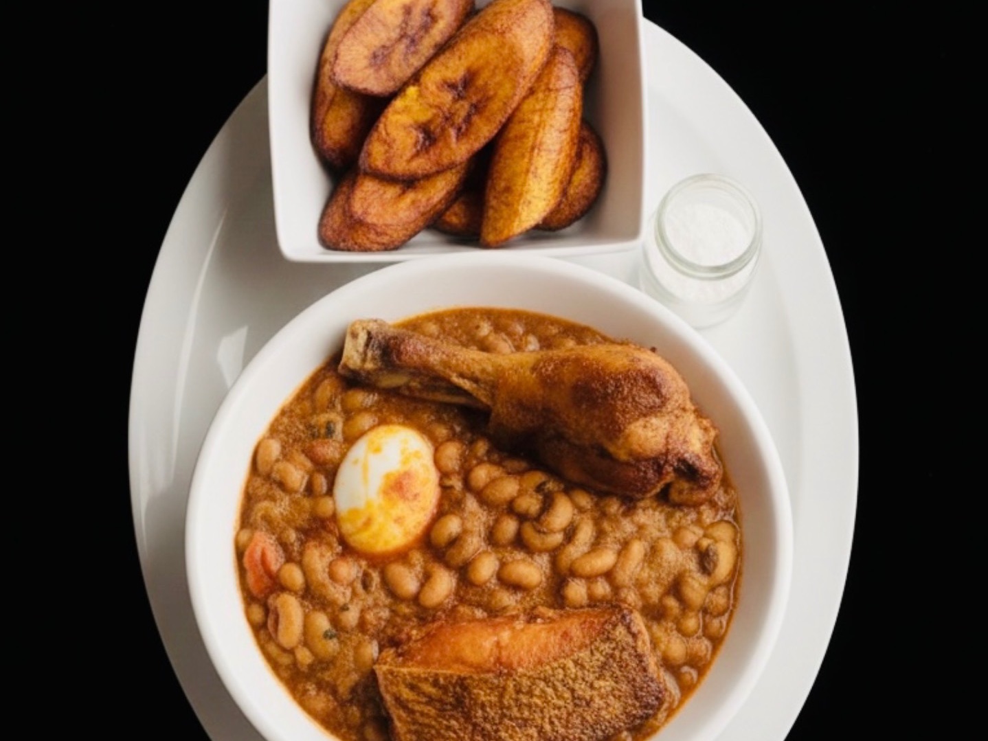 Beans Stew and Fried Plantains with Chicken or Fish.