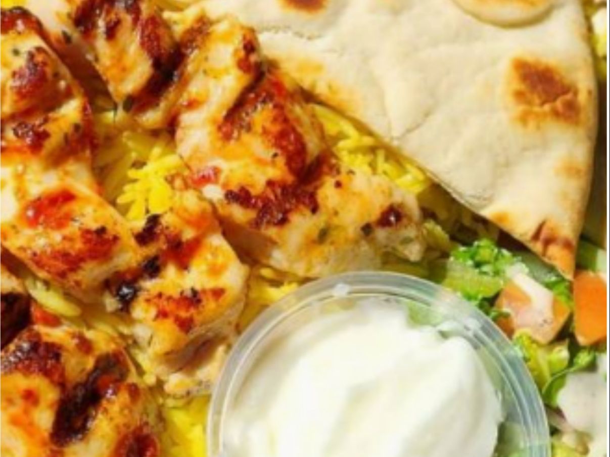 Rice Chicken Kabob Plate.