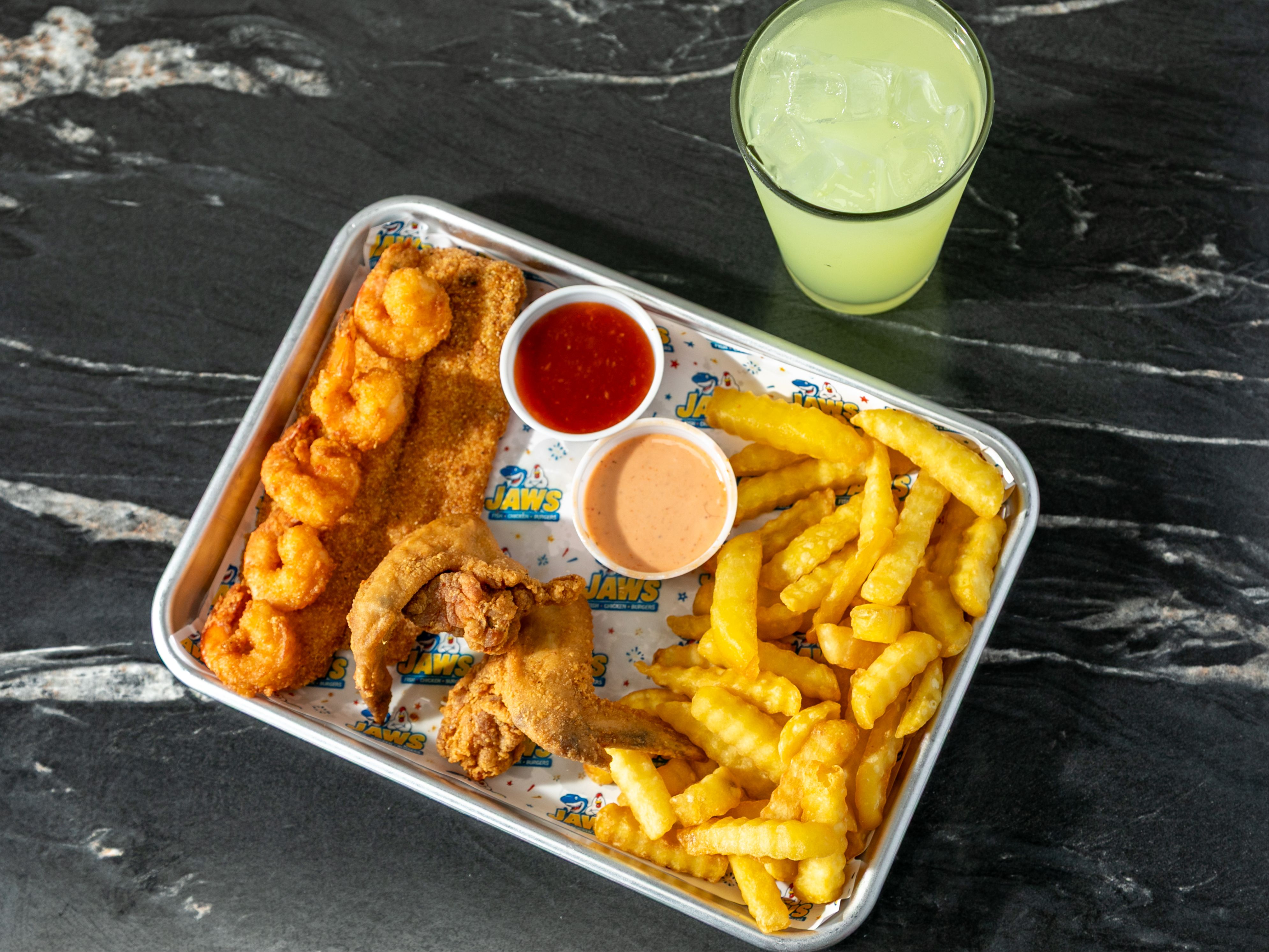 Combo #6: (1 Fish, 5pc Shrimp, & 2 Wings or Leg N' Thigh).
