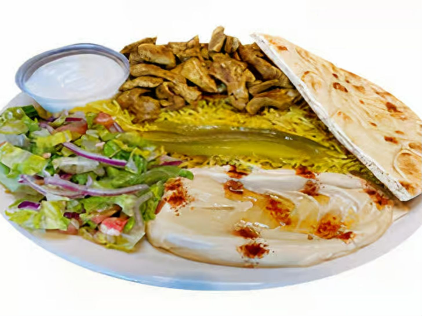 Rice Chicken Shawarma Plate & Garlic Sauce.