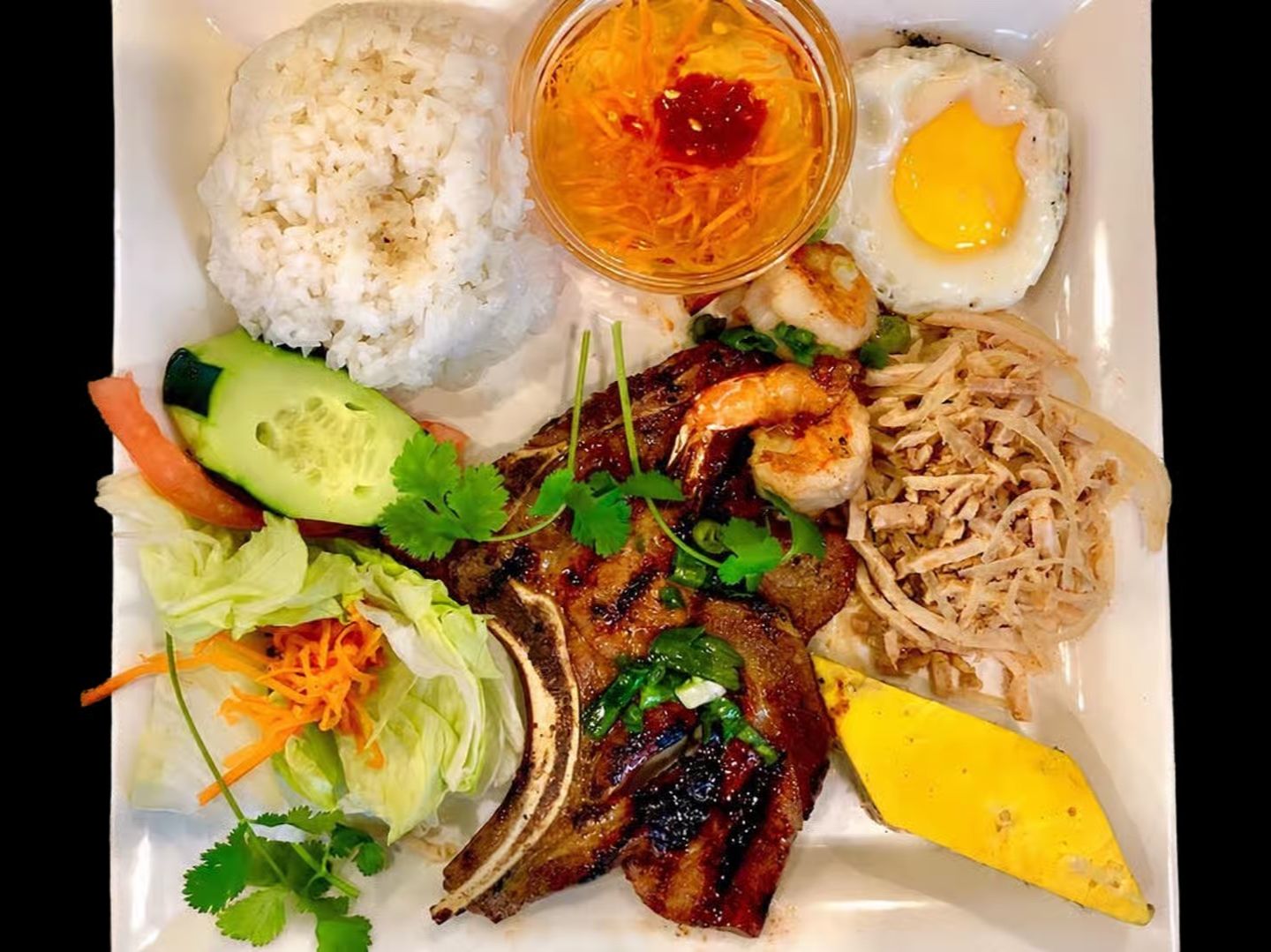 C72. Rice w/ Grilled Porkchop, Shrimp, Shredded Pork, Egg Cake, Egg