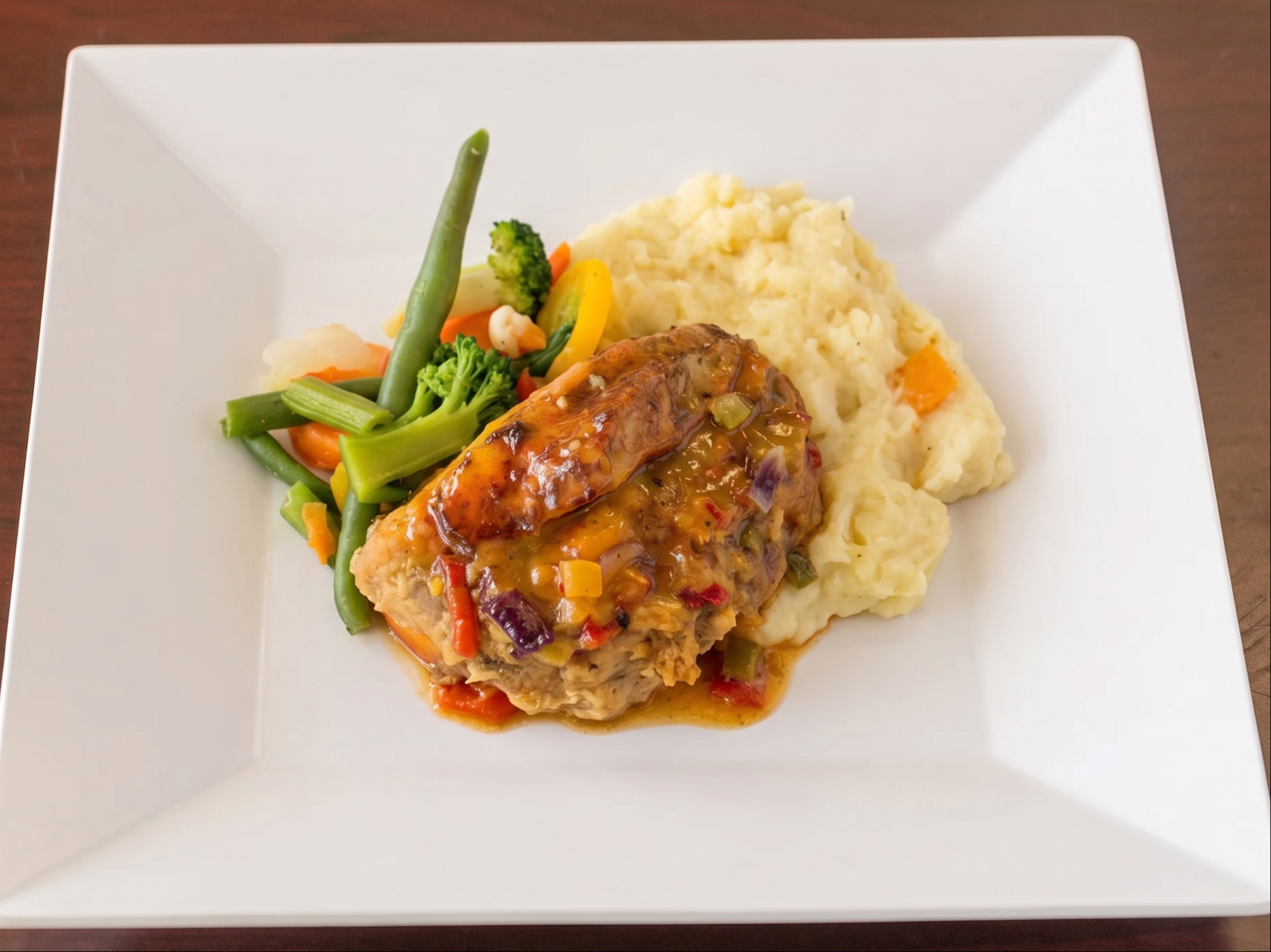Stuff Chicken Breast, Mashed Potatoes and Mixed Veggies.