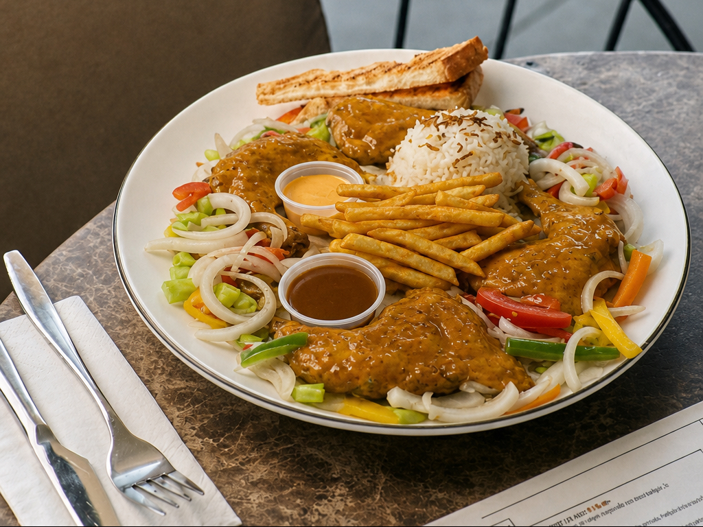 4 Grill Chicken Leg Quarters, Sauteed (Onion, Tomato, Pepper) with Peri Peri Wing Sauce & Large Fries.