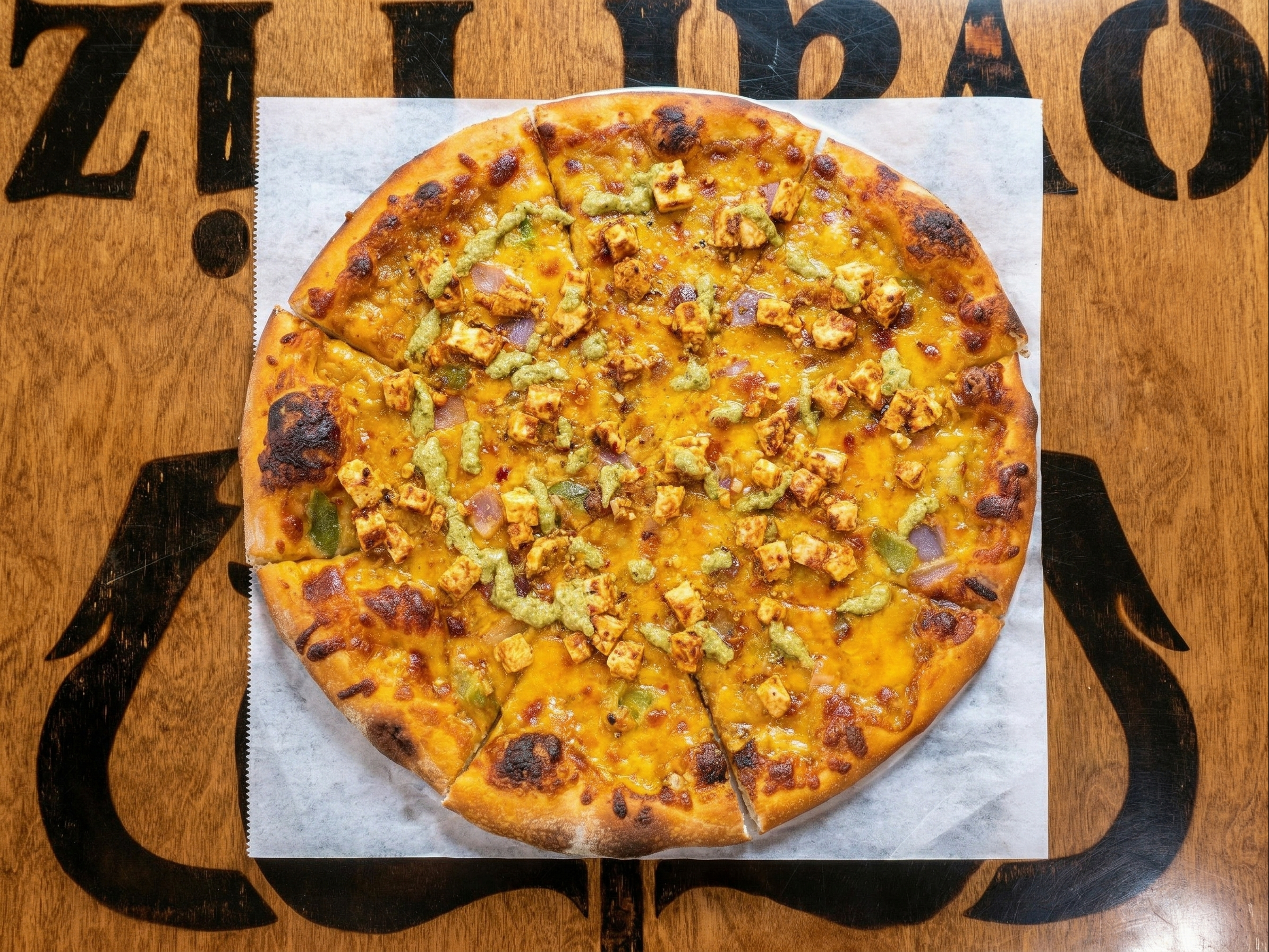 Achari Paneer Pesto Pizza.
