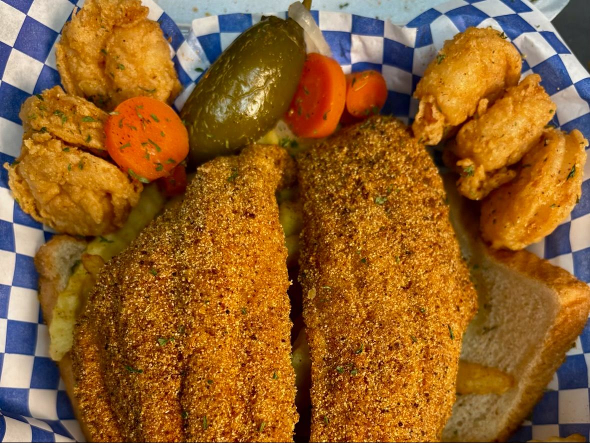 2 Piece Catfish/W 6 Shrimp and Fries.