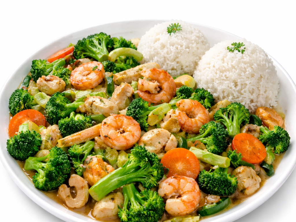 2.Garlic Sautéed Shrimps With Mixed Vegetables (Lunch & Dinner).