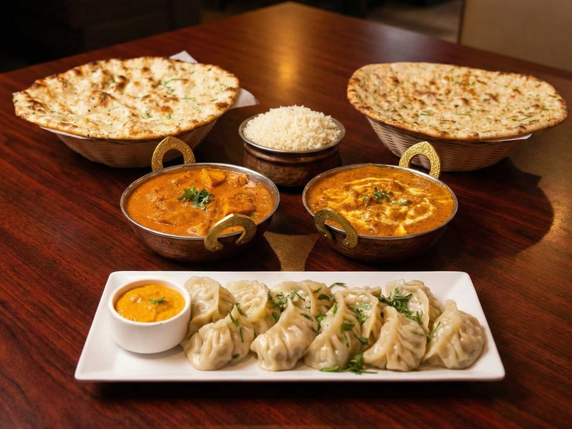Feast For Two : 1 momo, 1 butter chicken, 1 chicken tikka masala, and 2 naans