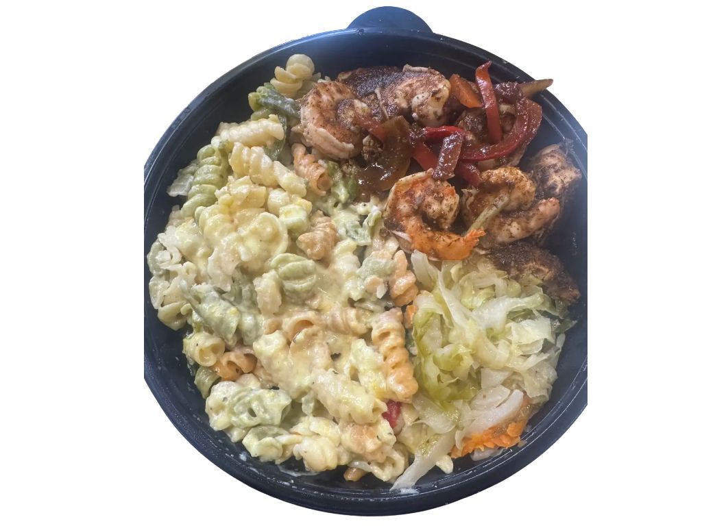 Jerk Breast & Shrimp with Rasta Pasta.