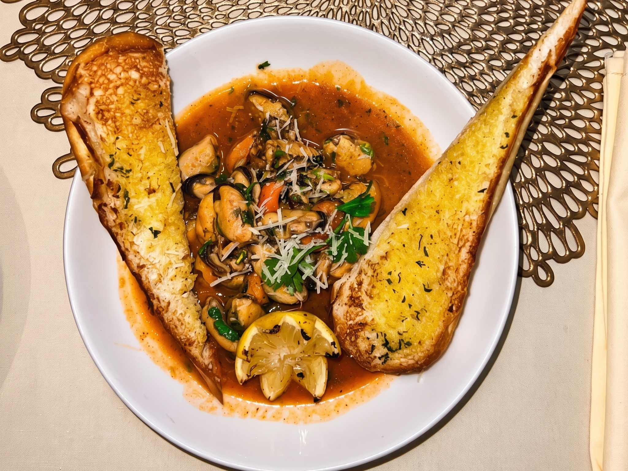 Spicy Garlic P.E. I Mussels.