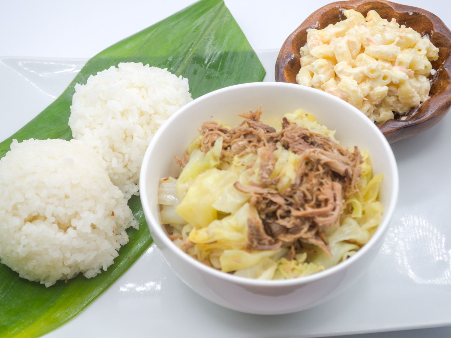 #14 Kalua Chicken Cabbage from Yama's Fish Market — Shredded chicken cooked with cabbage and light seasonings — homestyle and hearty. Served with white rice and mac salad.