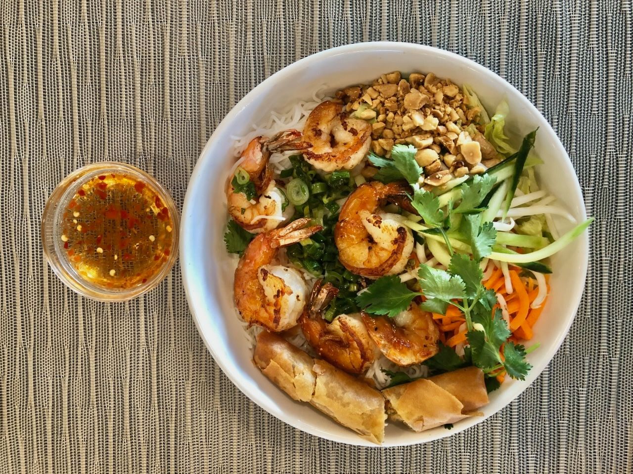 B83. Grilled Shrimp Vermicelli with Egg Roll.
