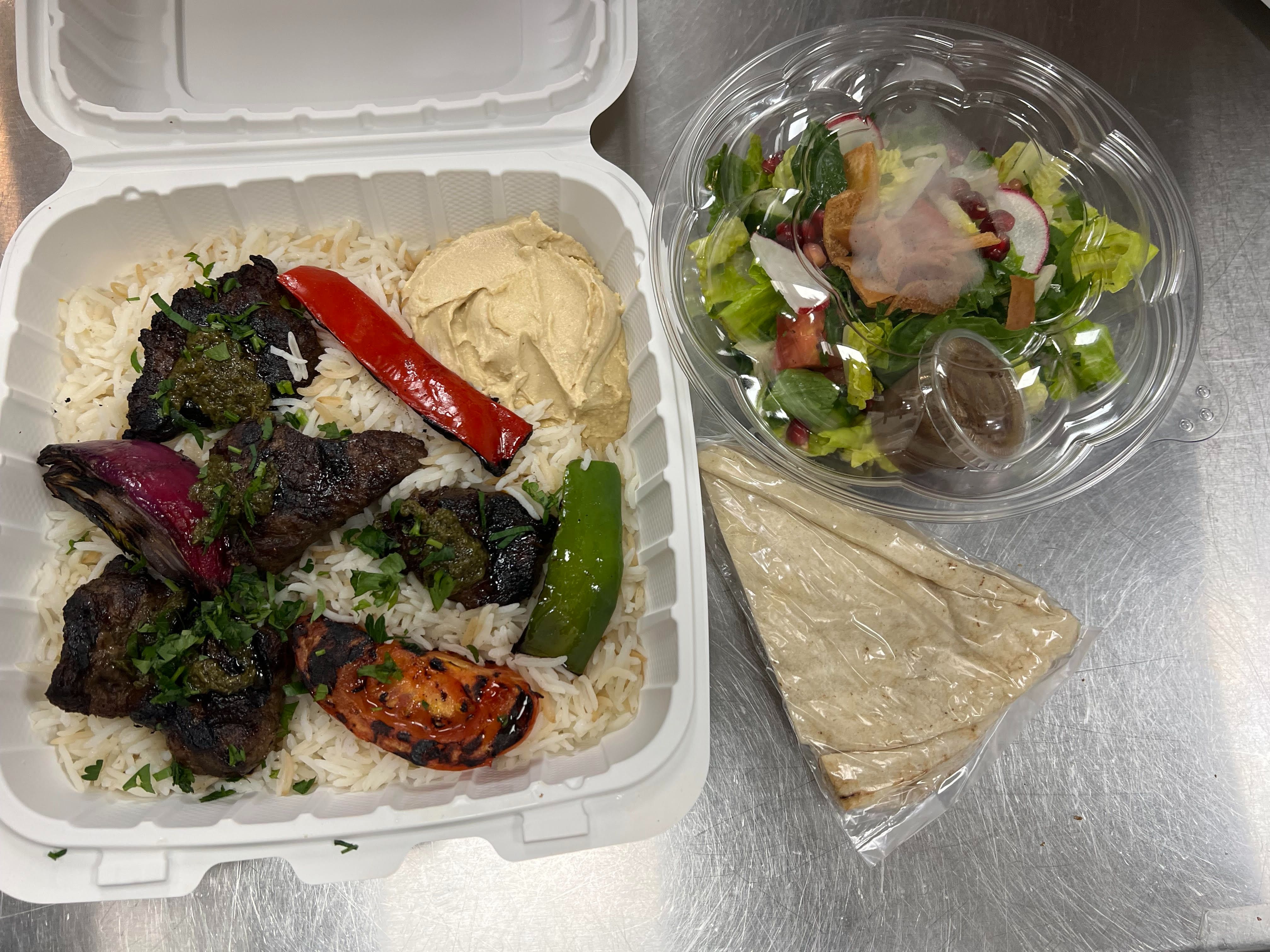#5 Beef Kabob, Rice, Fattoush.