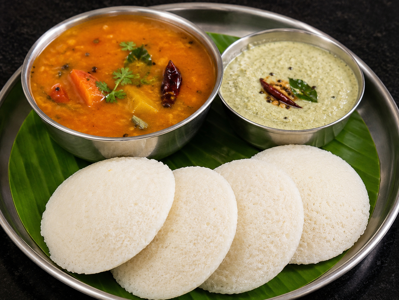 IDLY WITH CHUTNEY & SAMBAR(2Pcs)