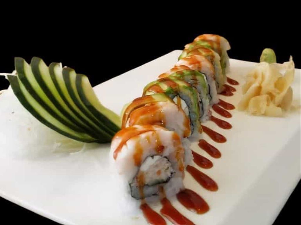 SR14. Dinosaur Roll - Real crab meat, cucumber & cream cheese inside, avocado & shrimp on top.