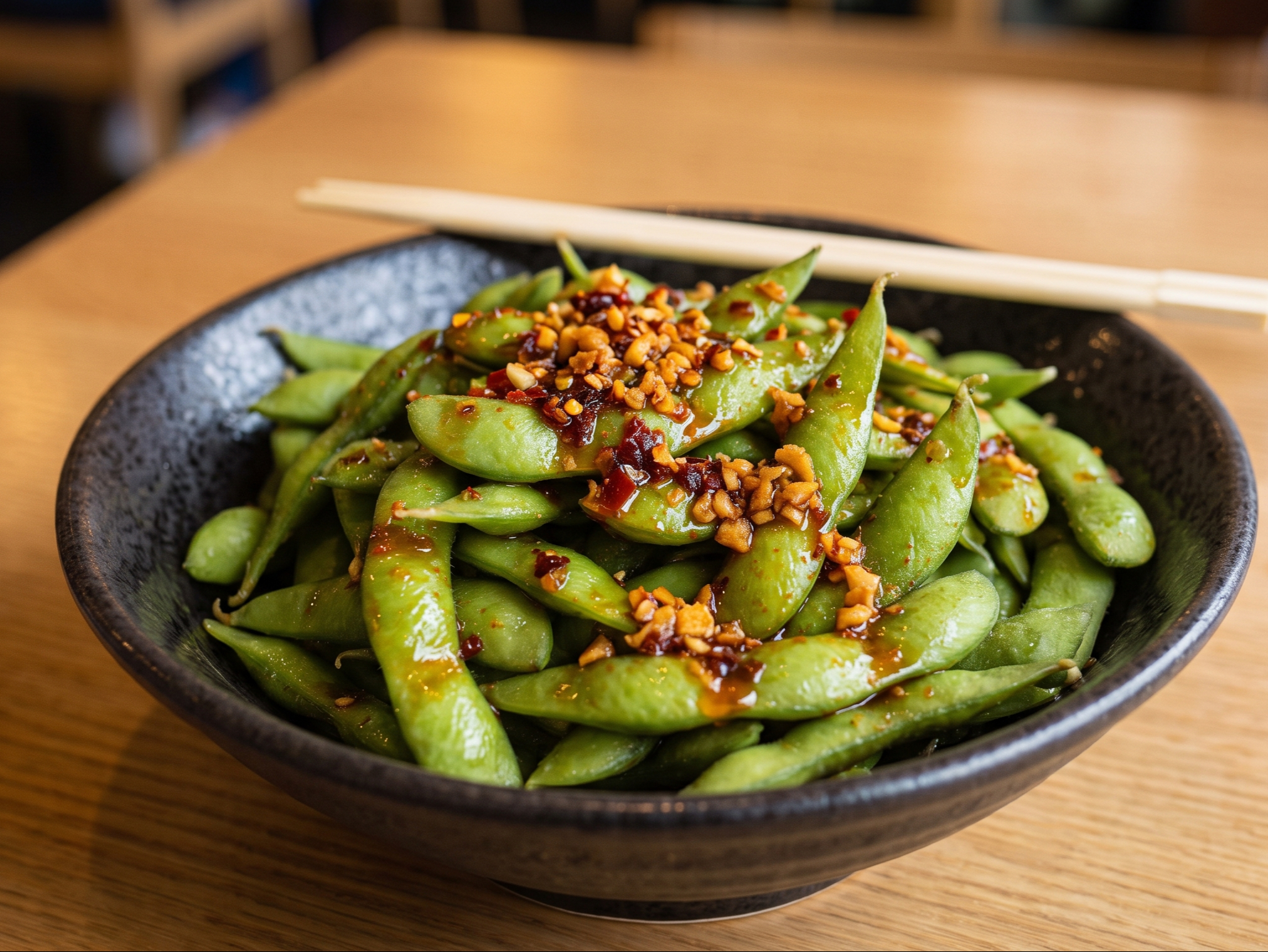 Spicy garlic edamame.