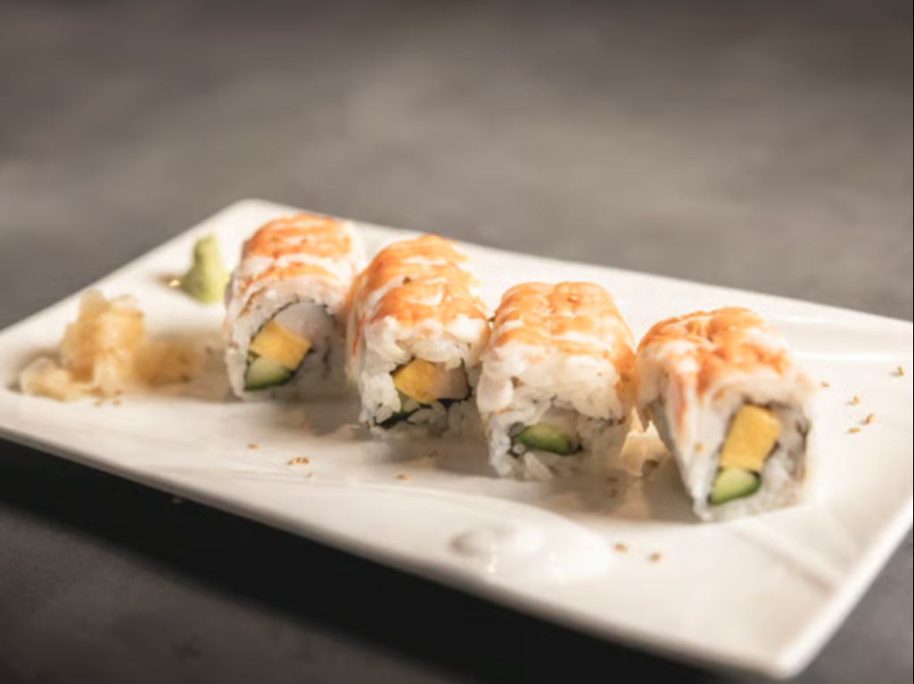SR6. Butterfly Roll - White fish, cucumber, tamago (butterfly cut shrimp on top).