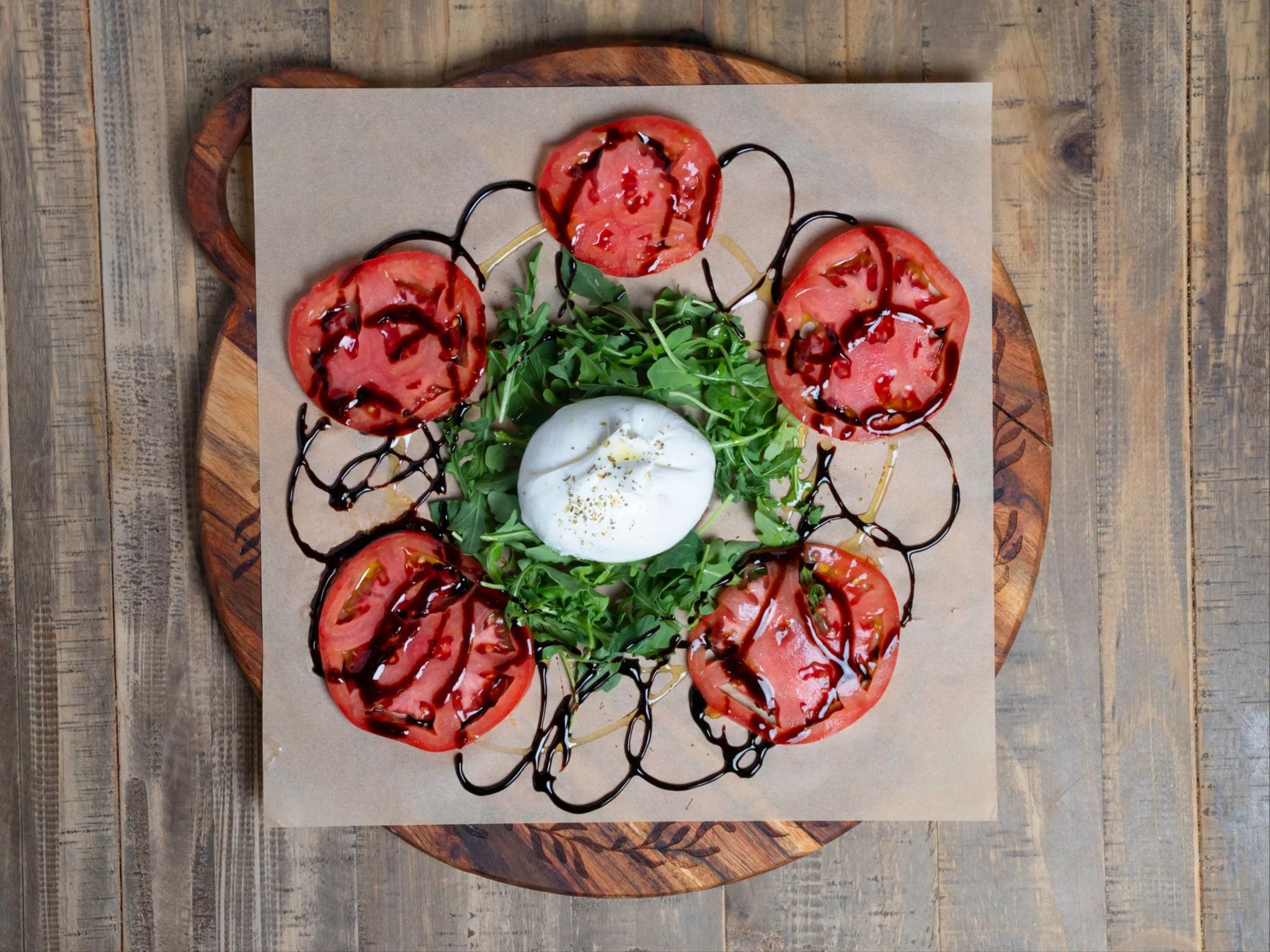 Burrata, Arugula, Pomodoro, Olio Extra Vergine.