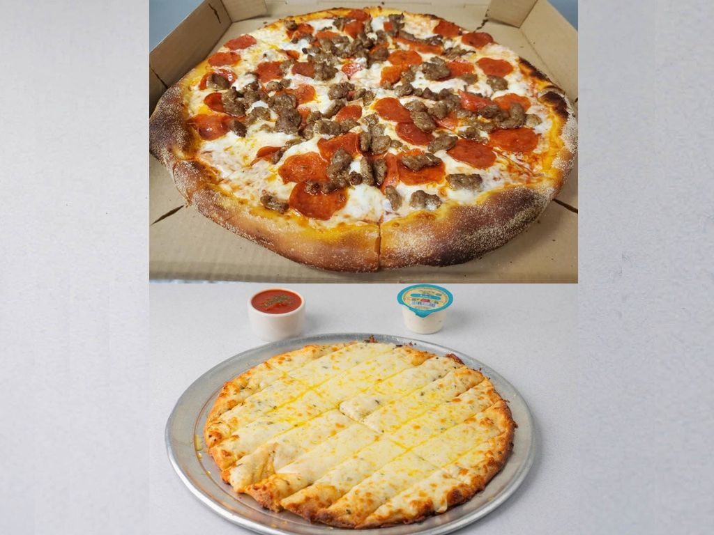 Large 2 Topping Pizza & Garlic Cheese Sticks.
