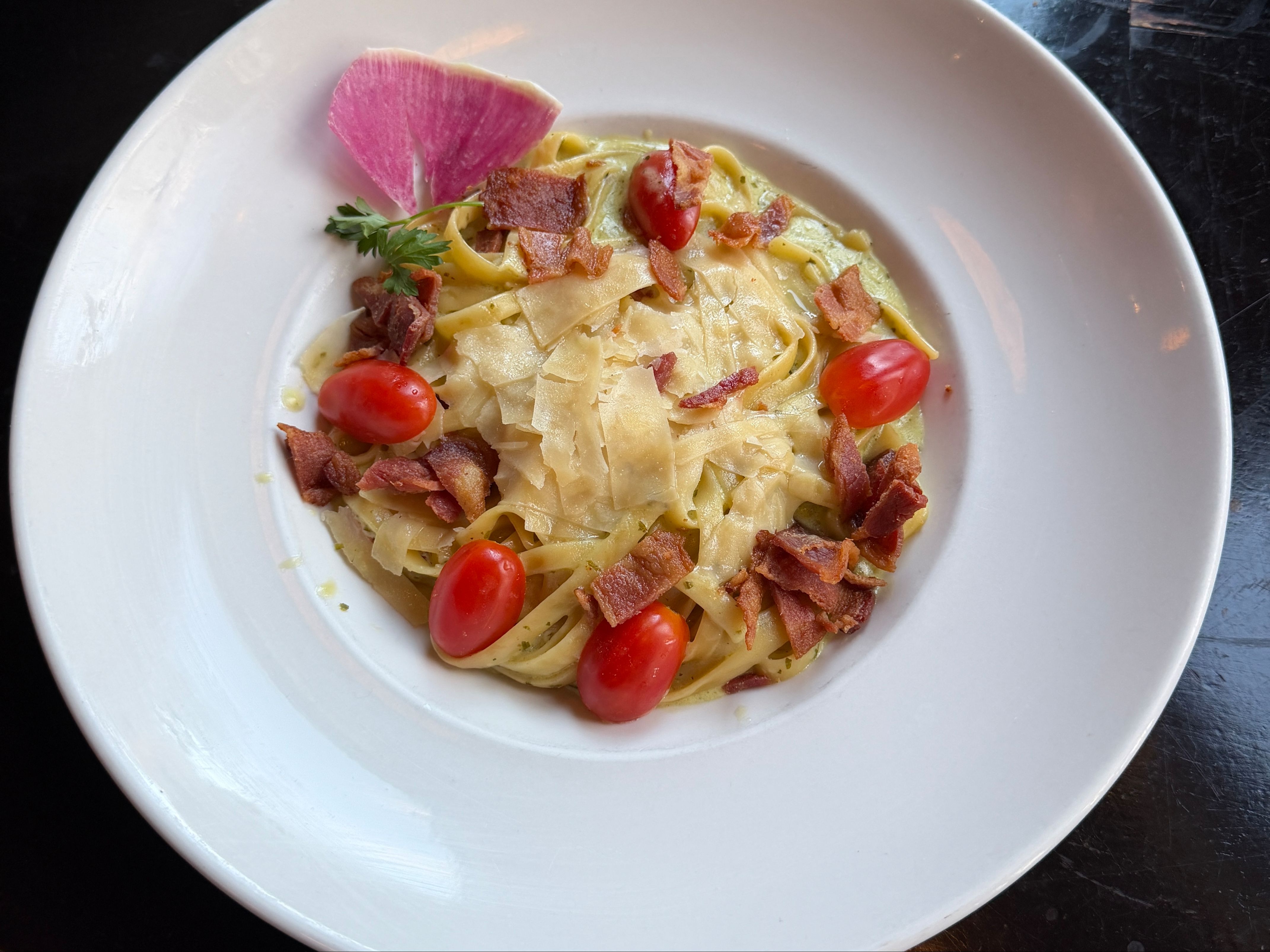 Pesto Fettuccine with Bacon & Cherry Tomatoes.