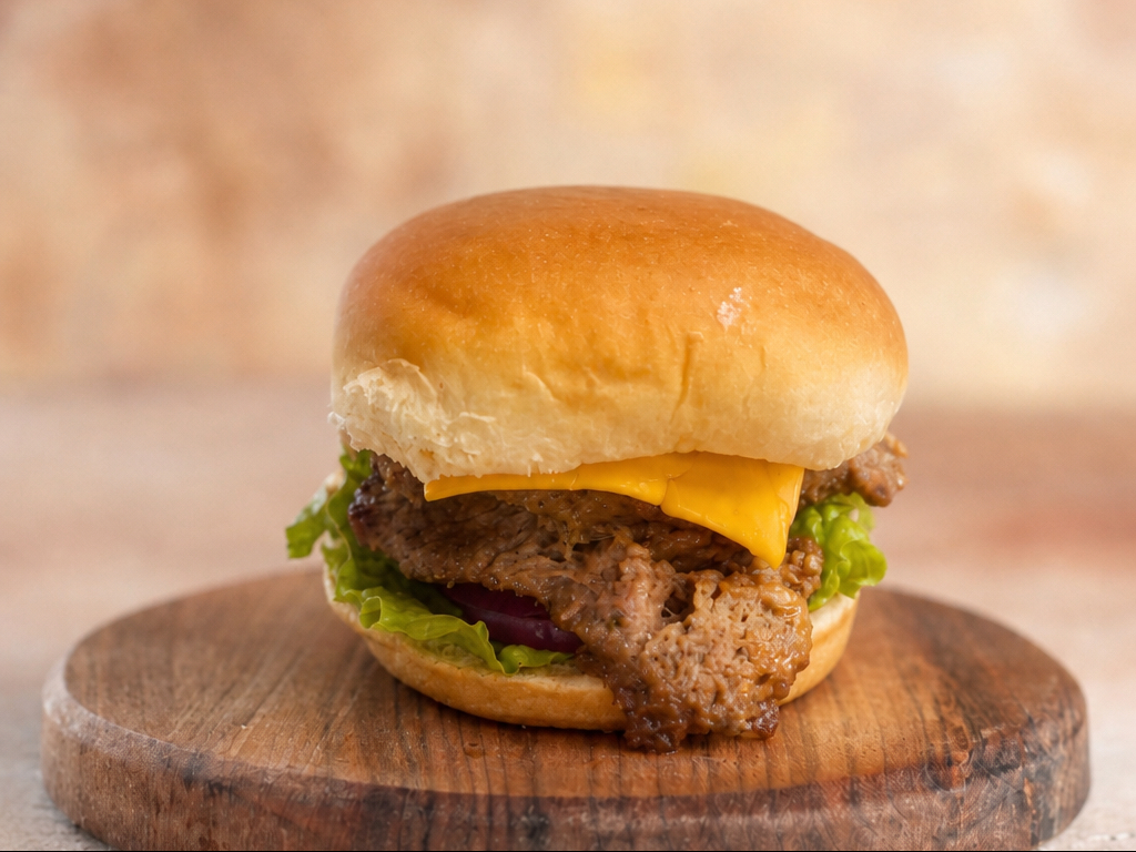 Sharjah Special Beef Burger (Beef Gyro Meat, Lettuce, Tomato, Onion, Cheese, Sharjah Sauce).