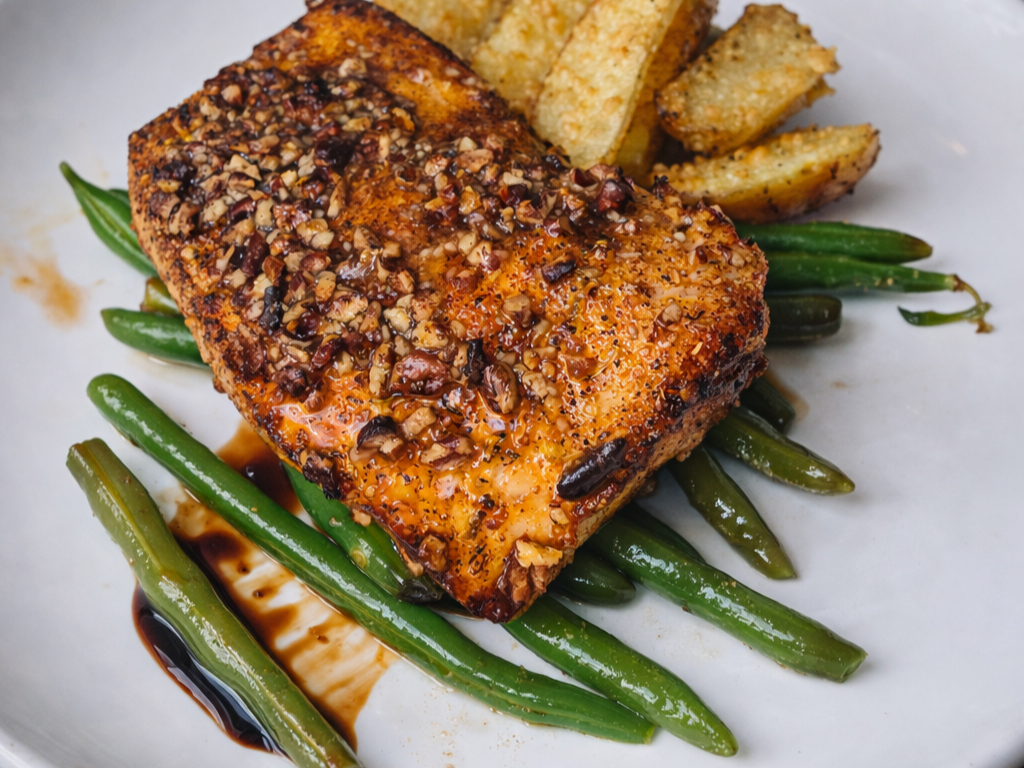 Dinner Maple Pecan Crusted Salmon.