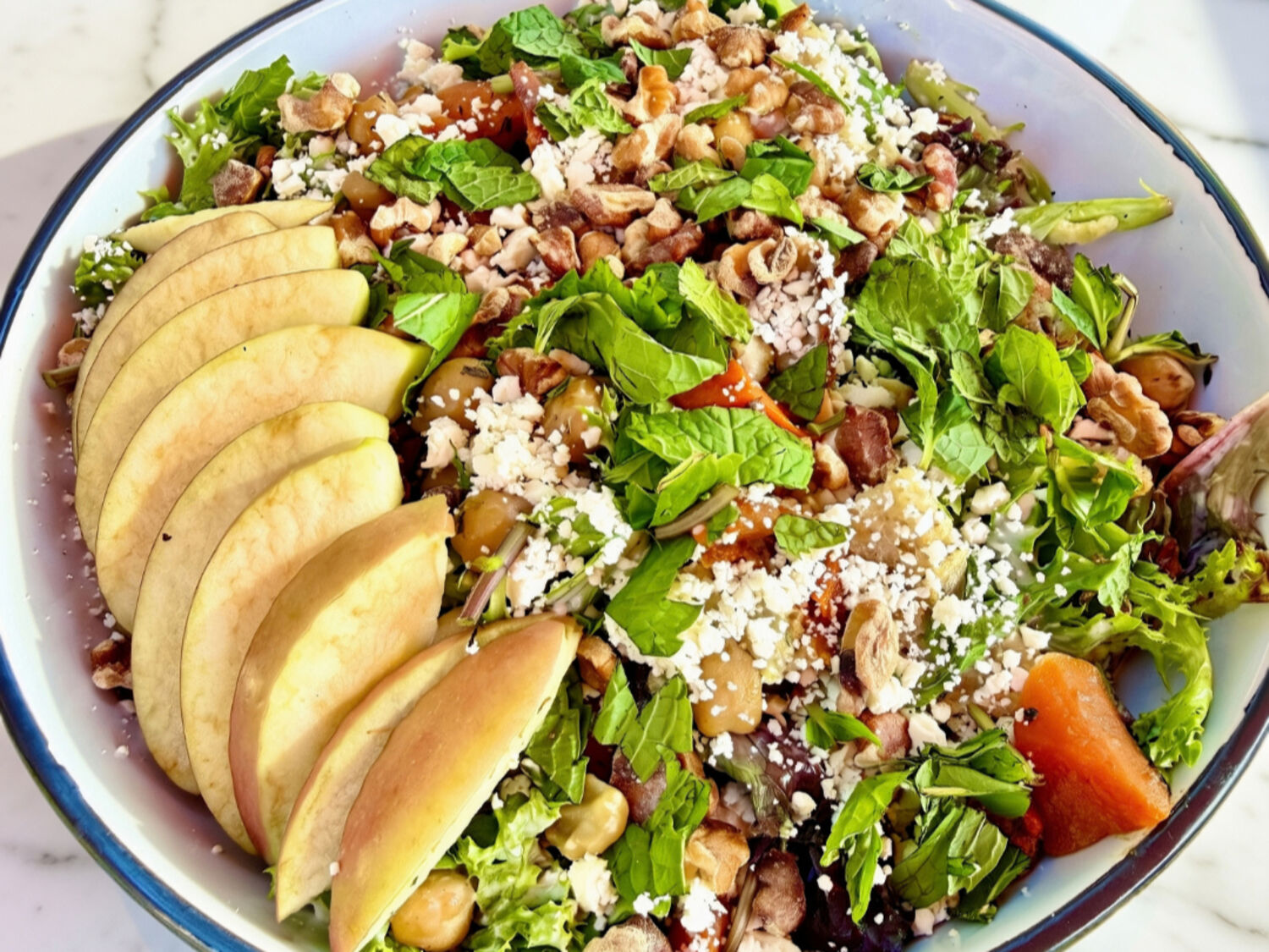 Apple Panzanella Salad with greens, apples, feta, and sourdough croutons
