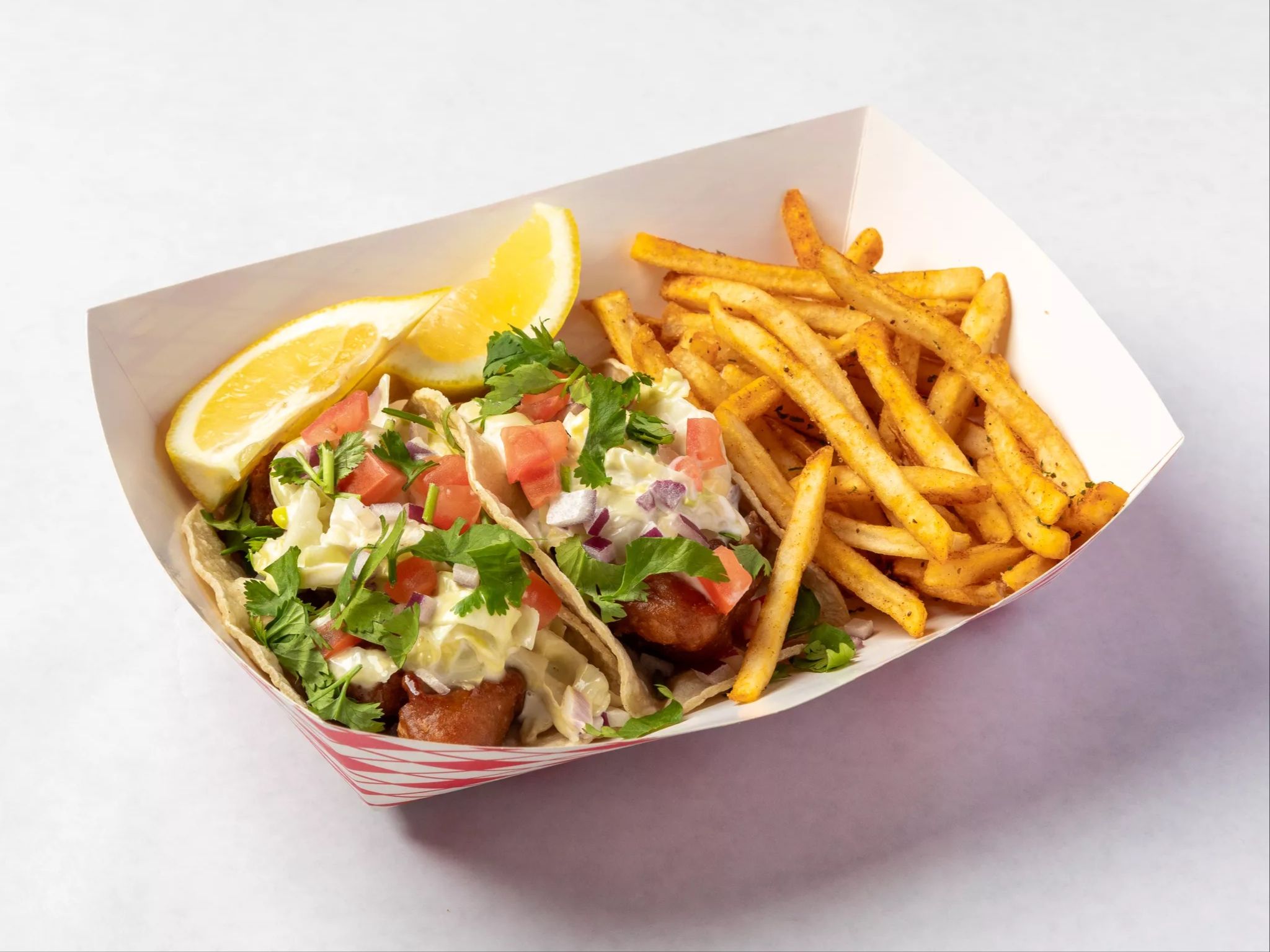 2 Crispy Shrimp Tacos and Fries