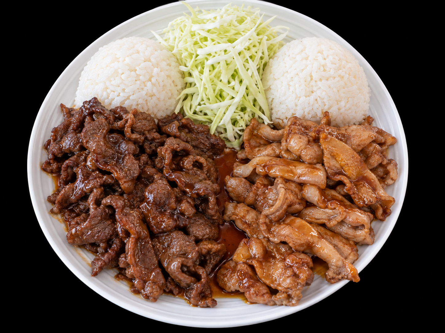 Beef Teriyaki + Pork Teriyaki.