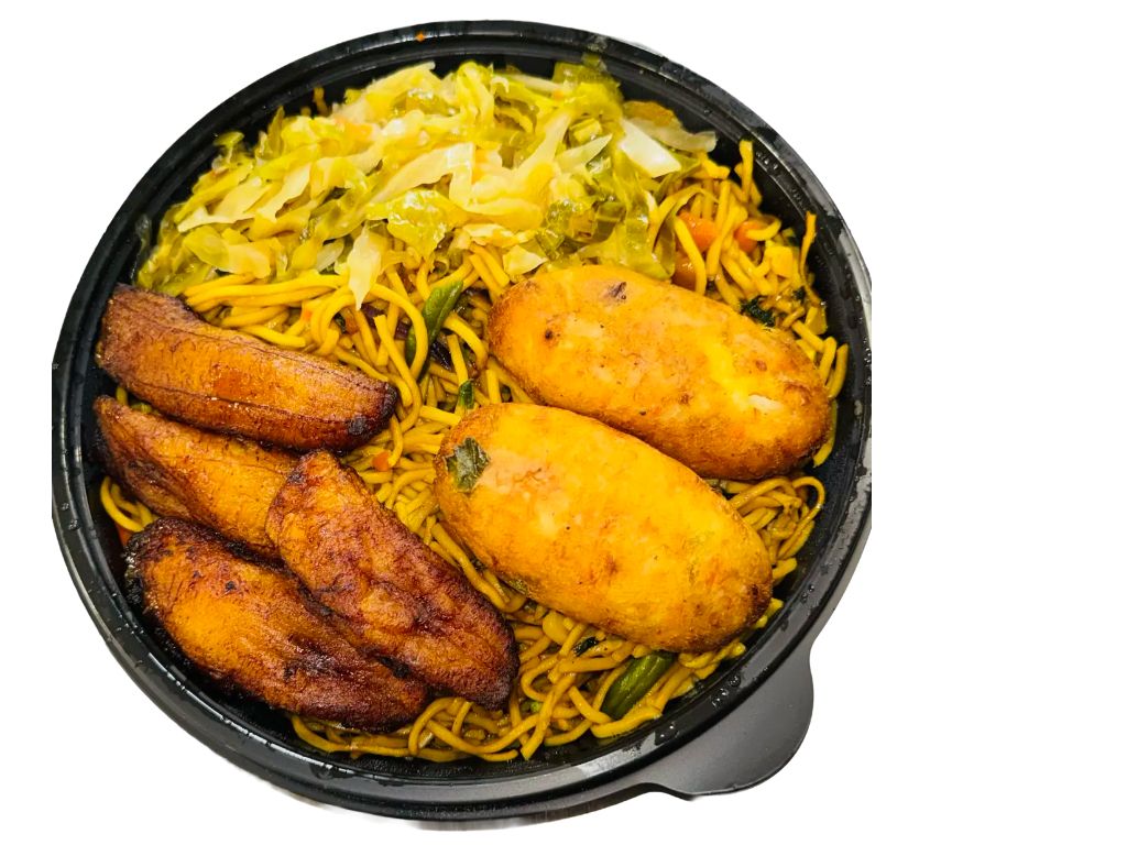 Chow mein W/2 Cod fishcakes.