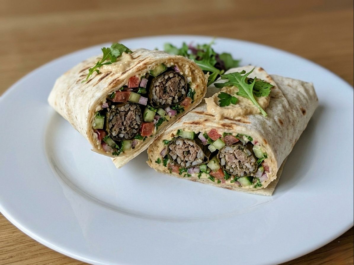Lamb Grape Leaves Wrap & Fries.