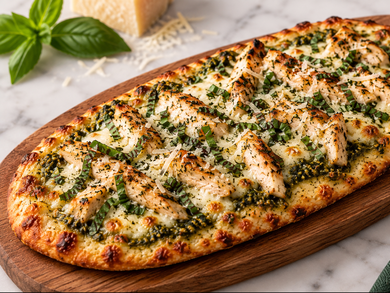 PESTO CHICKEN FLATBREAD.