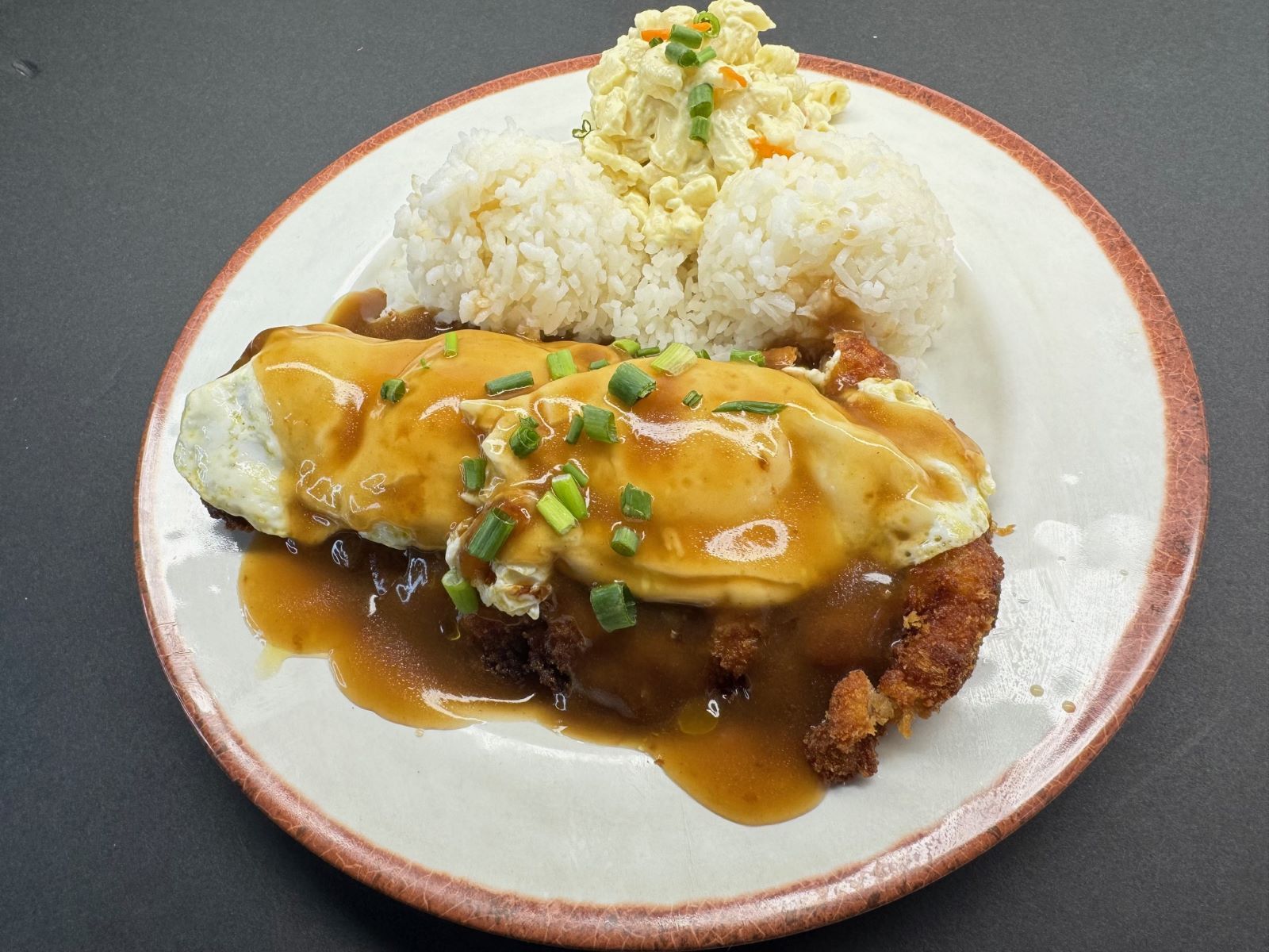 Chicken Cutlet Loco Moco w/mac salad.