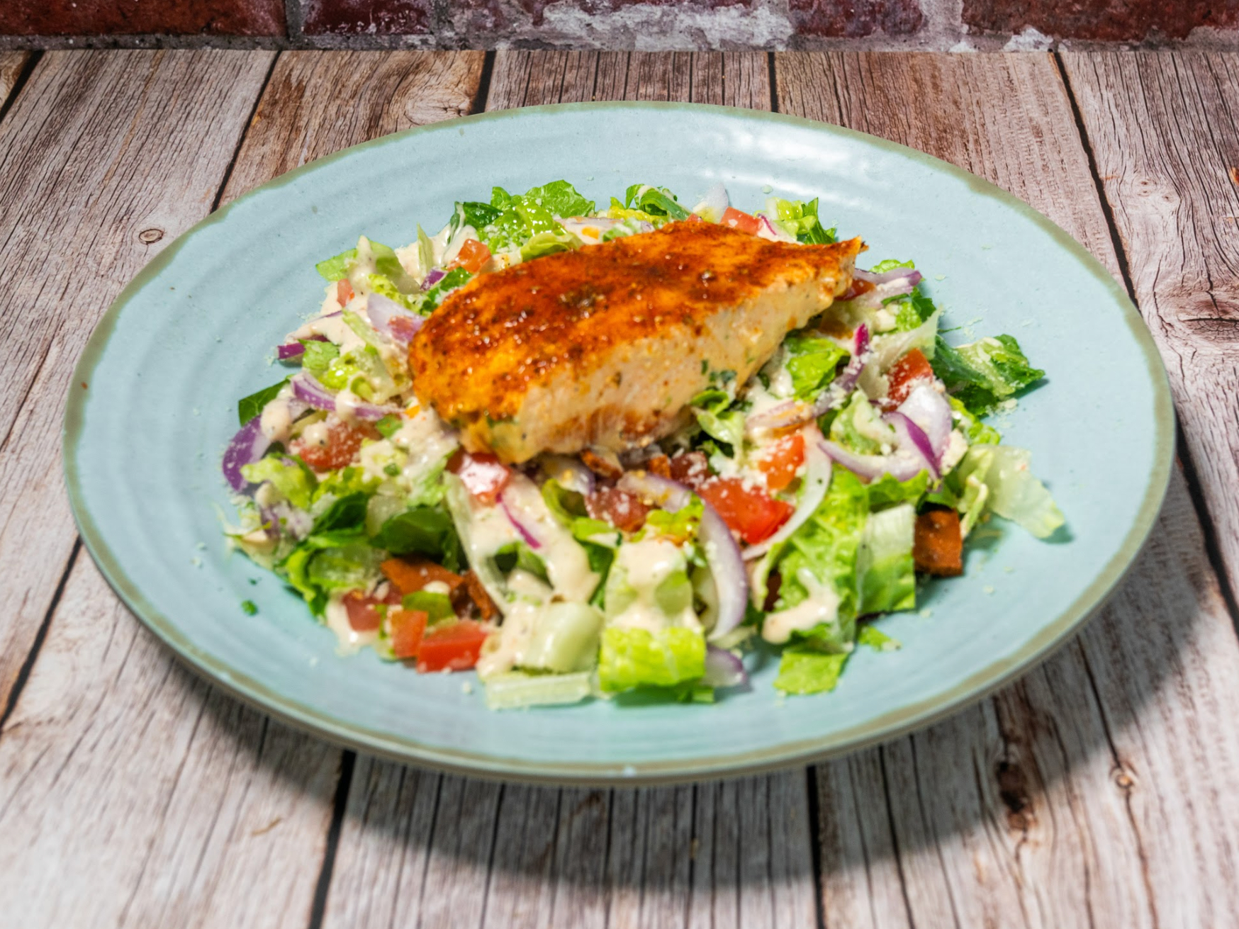 Blackened Salmon Caesar Salad.