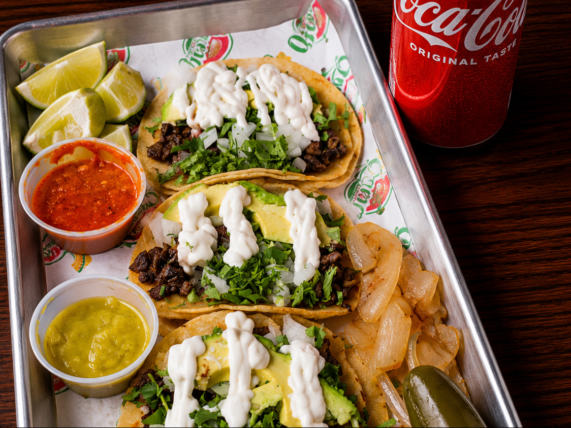 Combo #4 (Three Tacos de Cecina with a Drink).